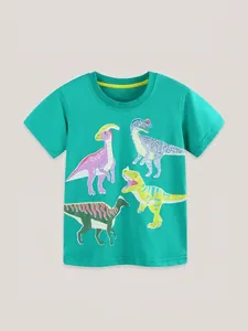 Kids green T-shirt with luminous dinosaur print and round neck for boys summer style