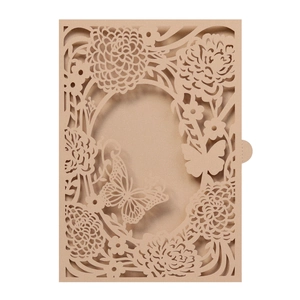 Elegant laser cut butterfly and rose invitation cover in champagne gold paper