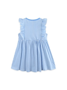 Girls Sleeveless Cotton Princess Dress Blue White Striped Rabbit Flower Embroidery Ruffle Shoulder Summer Casual Party Dress