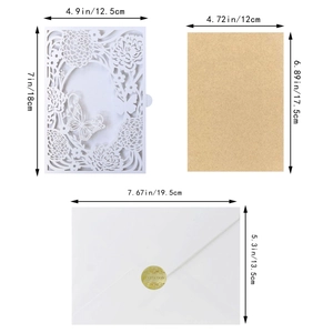 Laser-cut floral wedding invitation set with butterfly details and brown inner card