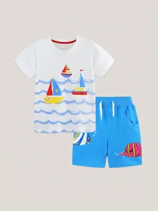 Kids cotton short sleeve set featuring white sailboat T-shirt and royal blue sea fish shorts