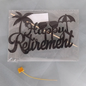 Black glitter Happy Retirement cake topper with palm trees and sunglasses design
