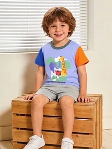Kinder Farbblock Cartoon Tiere Druck Kurzarm T-Shirt Baumwolle Casual Rundhals Sommer Tee Für Jungen Kleinkinder