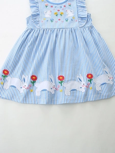 Girl's blue striped sleeveless cotton dress with rabbit and flower embroidery detail