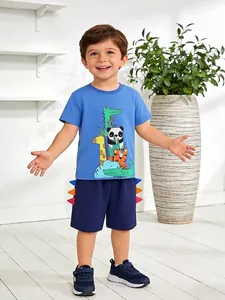 Boys Summer Cotton Clothing Outfit Cartoon Animal Print Short Sleeve T-Shirt And Elastic Waist Shorts With 3D Spikes Casual Kids Wear