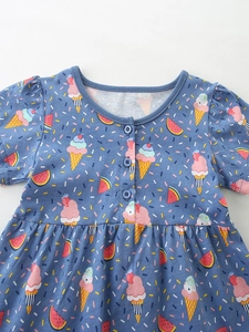 Blue short sleeve dress for girls with colorful ice cream and watermelon prints