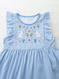 Blue and white striped girls' cotton dress featuring rabbit and flower embroidery