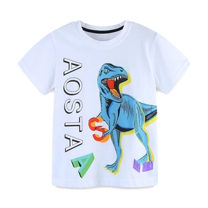 Kids summer cotton T-shirt featuring a blue dinosaur print and AOSTA graphic in white