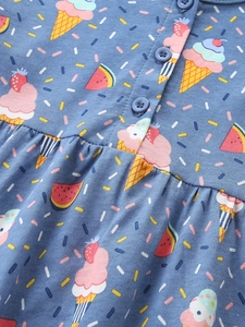 Girl summer cotton dress with blue ice cream and watermelon print with buttons
