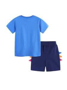 Sky blue boy's t-shirt and navy dinosaur-themed shorts set with colorful 3D accents