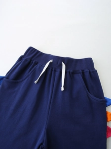 Boys navy cotton shorts with elastic ribbed waistband and colorful dinosaur spine detail