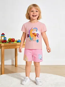 Set Abbigliamento Bambina Estivo Cotone Maglietta Pantaloni Rosa Unicorno Arcobaleno Ricamo Floreale Farfalla