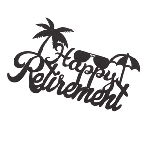 Black Happy Retirement cake topper with tropical palm trees and sunglasses design
