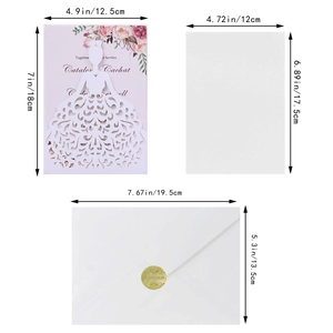 Laser cut dress style wedding invitation set with dimensions for shell, insert and envelope