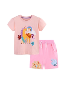 Set in cotone rosa per bambina con maglietta ricamata unicorno e pantaloncini