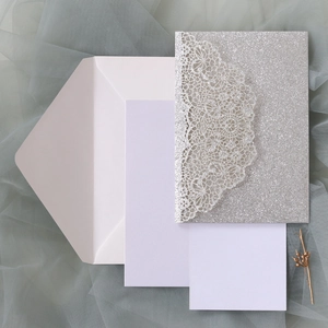 Silver glitter laser cut wedding invitation set with envelope and blank inner cards