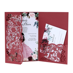 European Style Laser Cut Wedding Invitations Dark Red Artificial Pearl Paper Hollow Out Floral Engagement Invites Greeting Cards With RSVP Card Envelopes