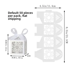 Flat view and 3D display of white laser-cut sun hollow candy box with ribbon
