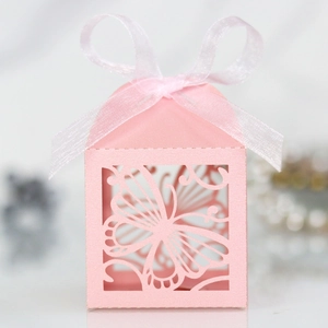 Makro-Detail der rosa lasergeschnittenen Schachtel mit Schmetterling und Schleife