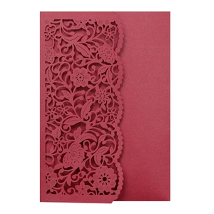 Elegant dark red laser-cut wedding invitation cover with intricate floral patterns