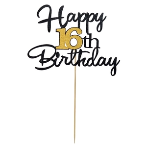 Glittery black and gold Happy 16th Birthday cake topper with minimalist wood stick