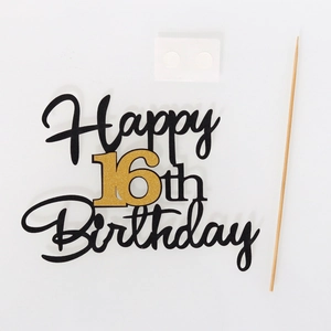 Detail of 16th birthday cake topper set with black text, gold glitter number and wood stick