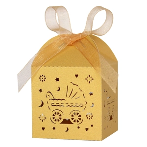 Goldener lasergeschnittener Geschenkkarton mit Kinderwagenmotiv und eleganter Schleife
