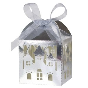 Laser-cut silver mirror castle gift box with silk ribbon for Halloween parties