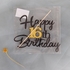 Black and gold glitter 16th Happy Birthday cake topper set with wooden sticks and dots
