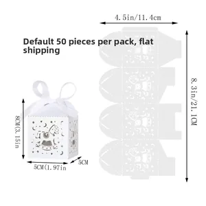 Flat view of laser-cut rocking horse candy box with dimensions and packaging info