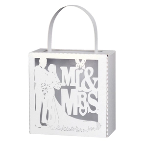 Silhouette Mr & Mrs découpée au laser sur boîte cadeau de mariage blanche avec anse