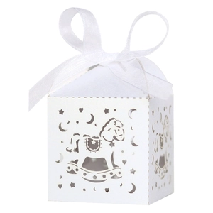 Laser-cut white gift box with rocking horse hollow design and organza ribbon bow