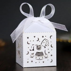 Hollow rocking horse laser-cut candy box with white ribbon for baby shower party