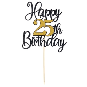 Glittery black and gold 25th Happy Birthday cake topper with sparkling finish and wooden stick