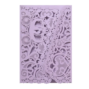 Light purple laser-cut wedding invitation featuring a hollow horse carriage lace design