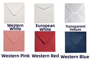 Various colored square envelopes including white, pink, red, blue and translucent vellum