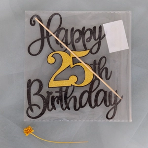 Glittery Happy 25th Birthday cake topper set with black text and gold glitter accents