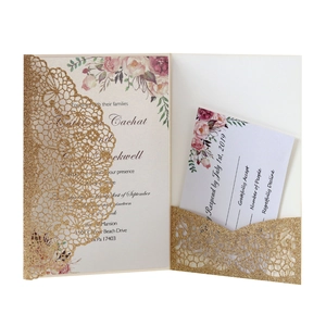 Elegant gold glitter laser cut wedding invitation with floral insert and RSVP card