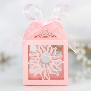 Detailed laser-cut sun hollow pink paper gift box with translucent white ribbon bow