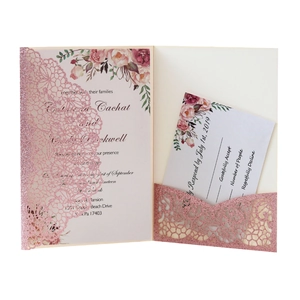 Laser cut rose gold glitter wedding invitations with floral inserts and RSVP cards