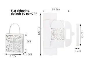 White laser-cut cross candy box with dimensions and flat-pack assembly view
