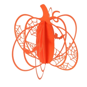 3D orange paper pumpkin lantern with laser-cut spider web and bat patterns for Halloween