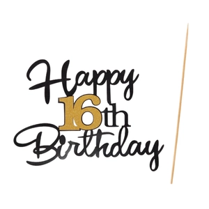 Sparkling black and gold glitter Happy 16th Birthday cake topper with stick