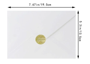 Detailed size view of white envelope with gold invitation seal and measurement markings