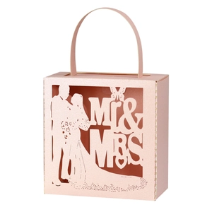 Boîte à bonbons de mariage rose découpée au laser avec silhouette Mr & Mrs en papier perlé