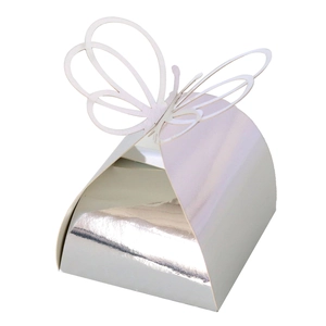 Macro shot of silver mirror laser-cut butterfly candy box with reflective metallic finish