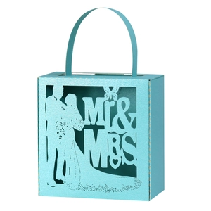 Boîte à bonbons de mariage bleu clair découpée au laser avec silhouette Mr & Mrs