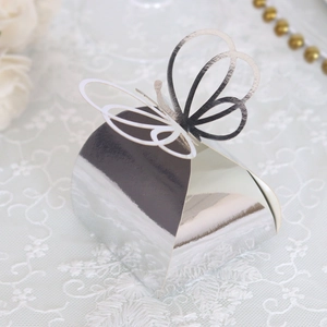 Macro shot of silver reflective laser-cut candy box with detailed butterfly cutout design