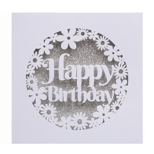 Detail view of laser-cut floral daisy pattern on Happy Birthday card with silver glitter
