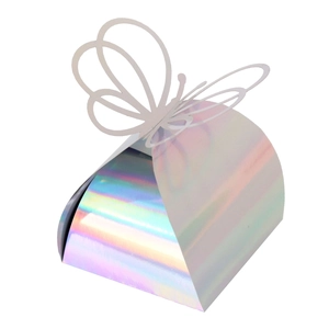 Iridescent laser gift box with hollow butterfly top for wedding candy packaging